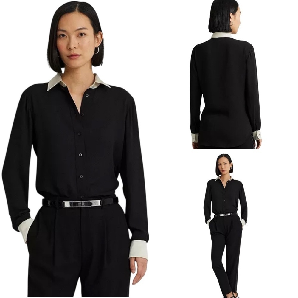 Lauren Ralph Lauren Classic Fit Two-Tone Black and White Silk Shirt size 12P